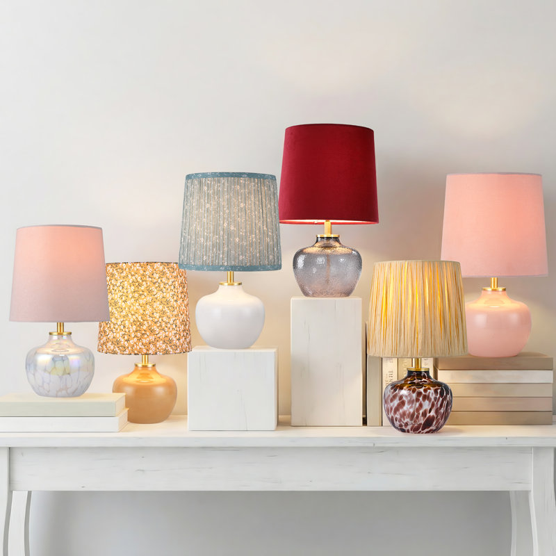 16" Hand-Blown Glass, Kids Table Lamp Set with Pink Lampshade