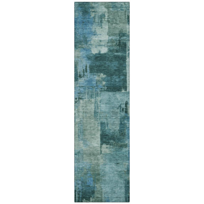 Machine Washable Indoor/Outdoor Xhevrie Teal Rug
