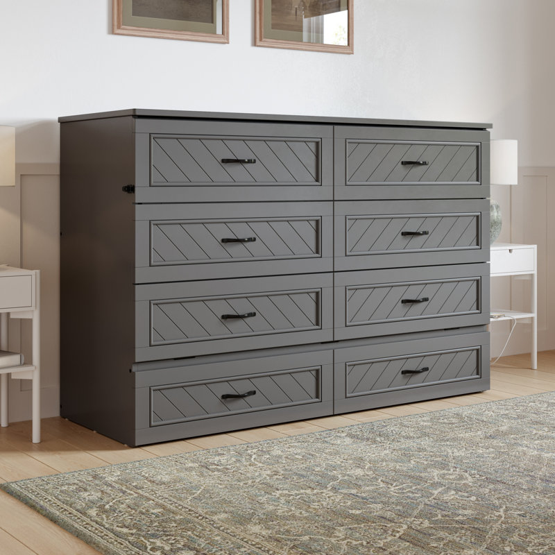 Mandujano Solid Wood Murphy Bed Chest with 6" Mattress and Built-in Charging Station, Gray