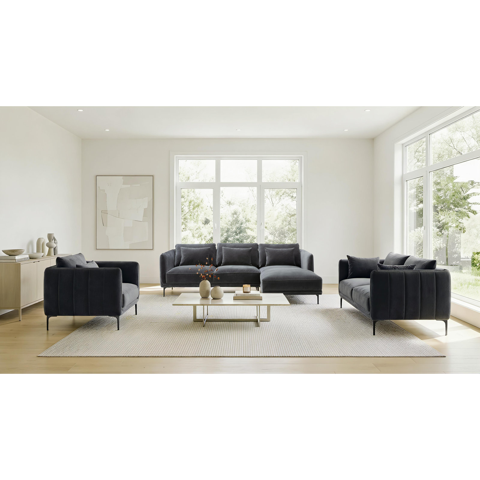 Rae 3-Piece Velvet Living Room Set, Right Hand Facing, Falkirk Gray