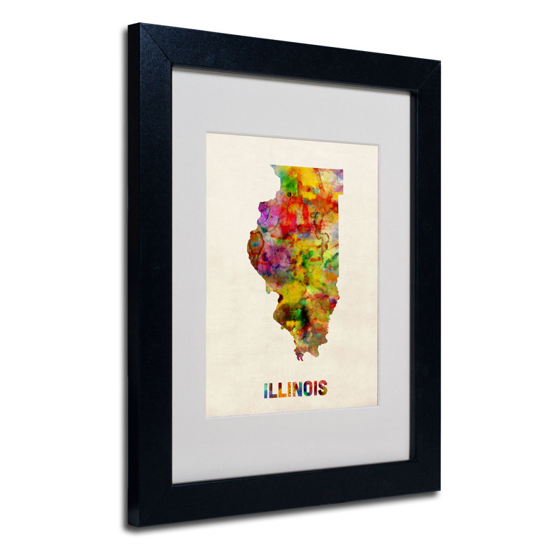 "illinois map" par michael thompsett, impression encadrée, H 14 po x l 11 po x P 0,5 po, Noir