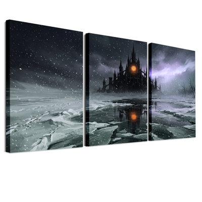 Château sombre avec fenêtre orange lumineuse - Ensemble de 3 toiles murales pour l'Halloween