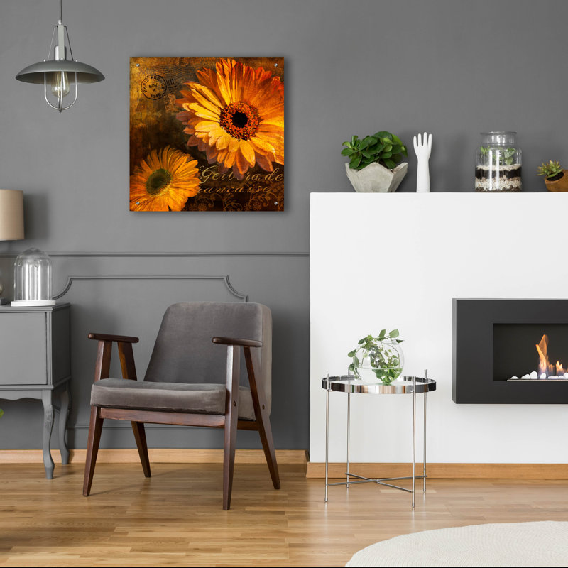 «Golden Gerbera 4» par Art Licensing Studio, art mural en verre acrylique, H 24 po x l 24 po x P 0,2 po