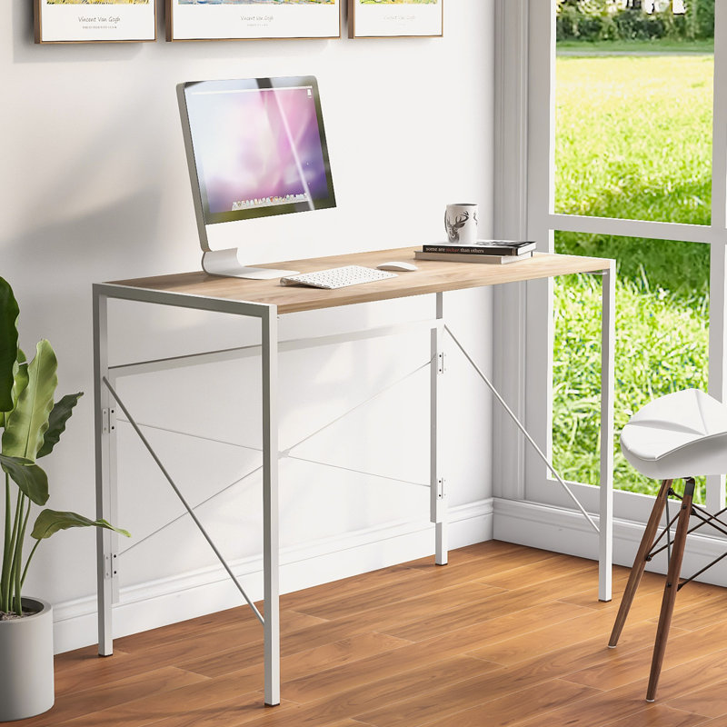Metal Base Writing Desk, White, Natural Oak