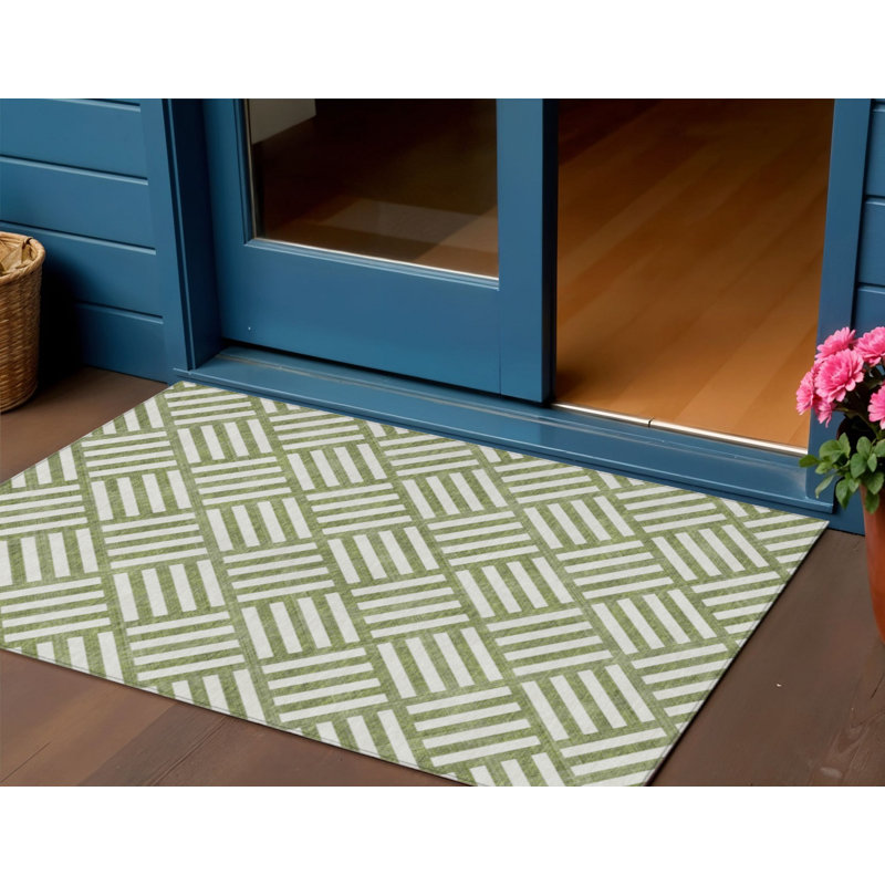 3' X 5' Olive Green And Ivory Geometric Washable Indoor Outdoor Area Rug