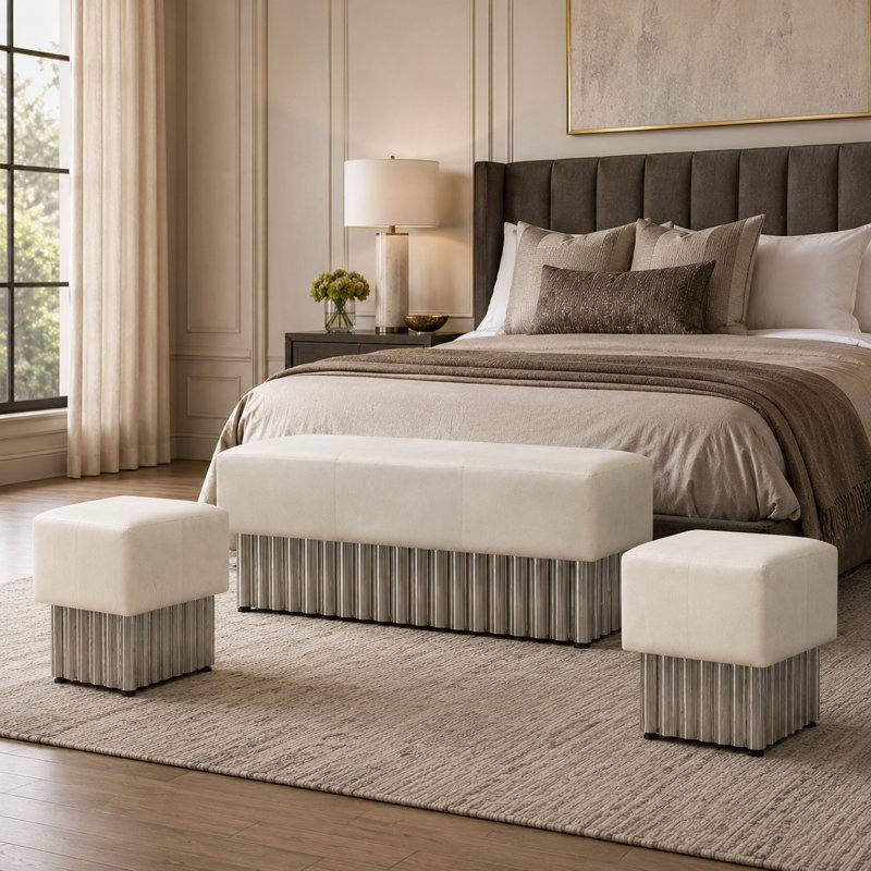  Banc rembourré en cuir véritable Marcello avec base en acier inoxydable, 48 x 18 x 18