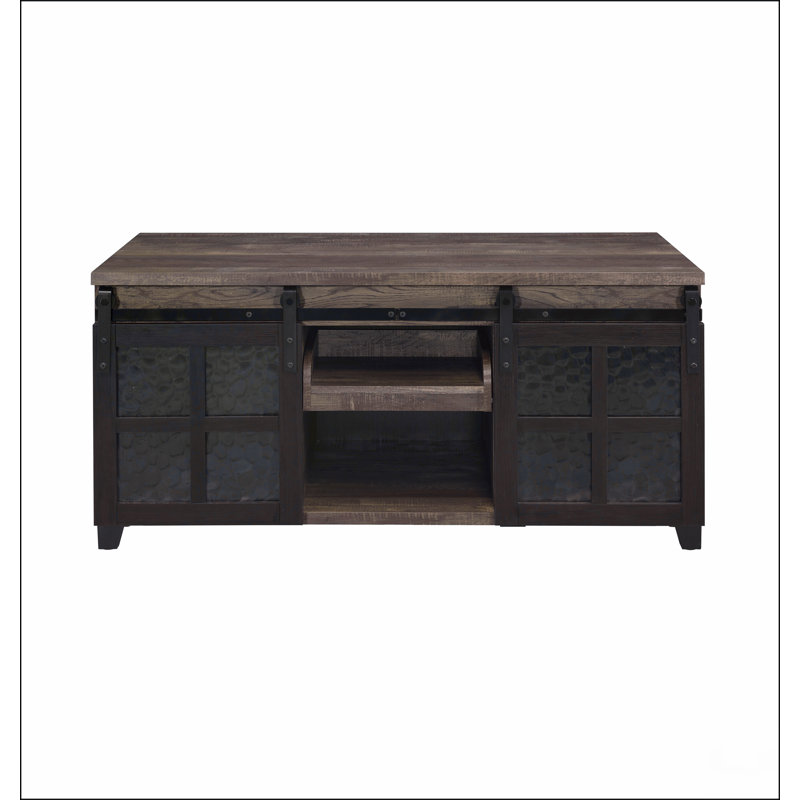 Table basse en chêne rustique et noir avec portes coulissantes