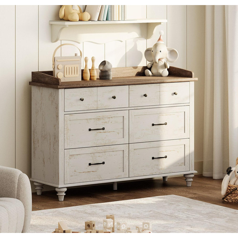Commode 6 tiroirs Scarlett Kids, Blanc antique / brun