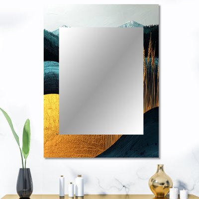 «Quiet Bold Mountain In Emerald Gold Harmony IV - Miroir mural montagnes, miroir décoratif traditionnel, impression sur métal