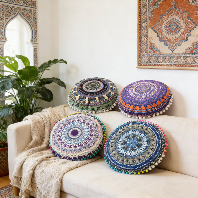 Set Of 4 Mandala Printed Pillowcase 17" X 17" Polyester Fiber Pillow Case With Tassels Ball Cushion Cover, A2