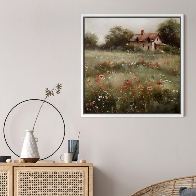"Vintage Pastorale Solitude Cottage au milieu d'illustrations de fleurs sauvages champêtre français rustique", Blanc