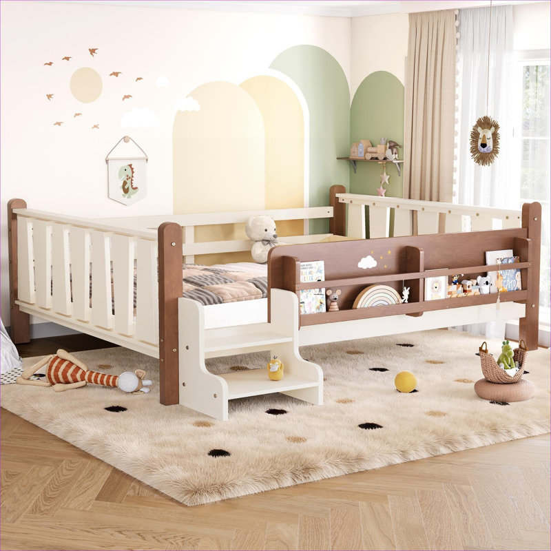 Lit plateforme pour enfants pleine grandeur avec bibliothèques de rangement, garde-corps et escaliers, construction en pin, beige chaud