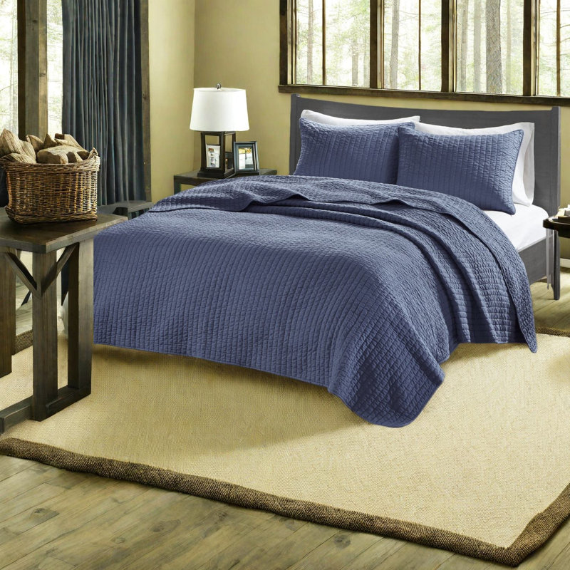 Navy Reversible Bedding Sets, Polyester Microfiber With Farmhouse Style For Home Comfort