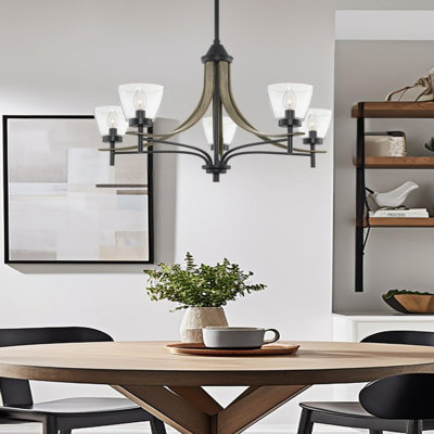 Lustre style campagne moderne 25 lumières 5 "+ abat-jour en verre transparent, finition chêne gris