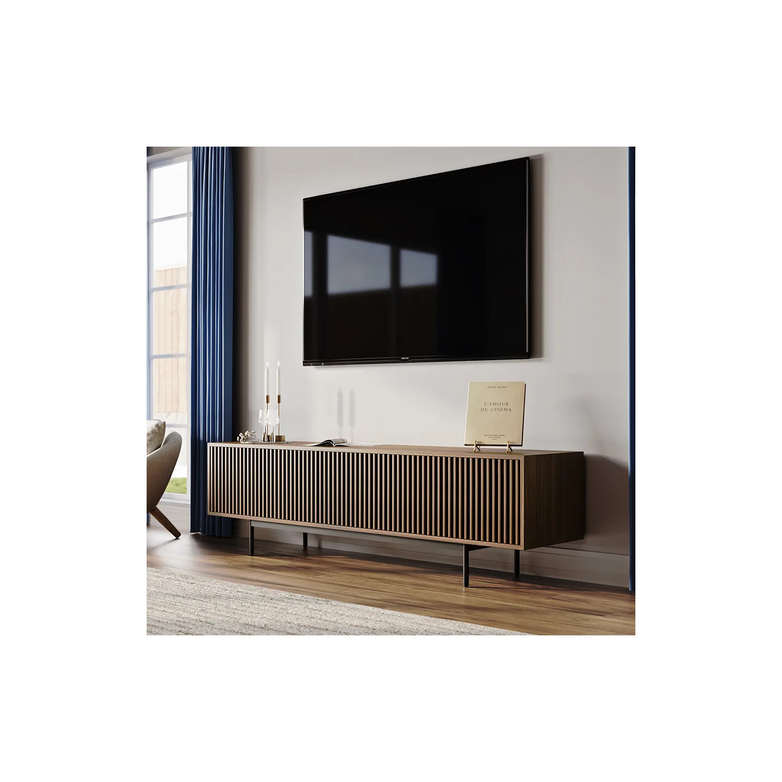 Daila Media Console, Walnut, 21.26" H x 78.74" W x 18.89" D