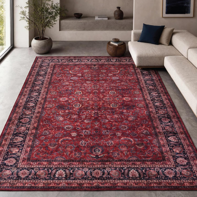  Yildiz - Indoor, Machine Washable Area Rug - 9'x12' Dark Red Home Carpet, Rectangle 9' x 12'