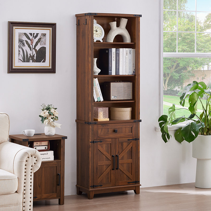 72In Tall Bookshelf 7 Tier Bookcase With Drawer And Barn Doors And Adjustable Shelves, Brown Farmhouse Book Shelf With Storage Cabinet, Wood Freestanding Display Bookshelves For Kitchen