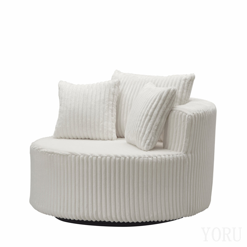 Oversized Round Swivel Accent Chair With Plush Upholstery & Matching Throw Pillows-Beige