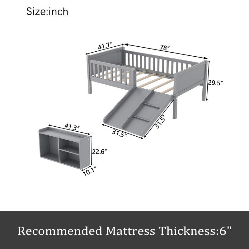 Lit mezzanine simple pour enfants avec glissade, bibliothèque mobile, garde-corps, Gris