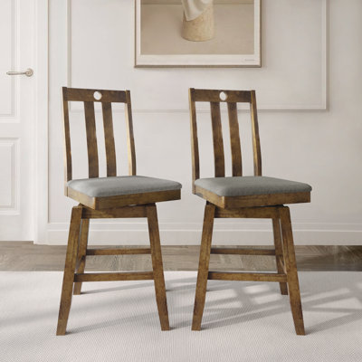BROWN WOODEN SWIVEL COUNTER CHAIR WITH GREY COVER