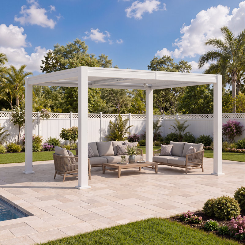 Pergola extérieure à persiennes l 12 pi x P 10 pi avec toit réglable et drainage intégré, pavillon de patio tout acier résistant à la rouille