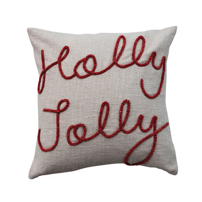 Cotton Pillow With Embroidered Holly Jolly