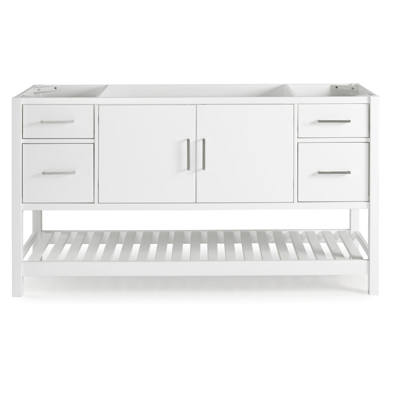 Meuble-lavabo Harrison de 60 po de largeur seulement en blanc - bois de pin massif, tiroirs à fermeture en douceur, quincaillerie en nickel, niveleurs réglables - lavabo non inclus