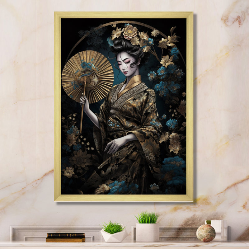Élégante japonaise, art mural japonais, Encadrement doré, H 40 po x l 30 po x P 1,5 po