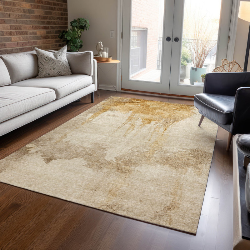 Gold Abstract Synthetic Rectangular Washable Rug 3' x 5'