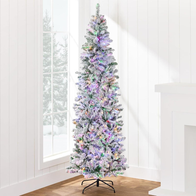 Arbre de Noël floqué au crayon, mince décoration de Noël artificielle pré-éclairée, 2 lumières blanches et multicolores, décor lumineux