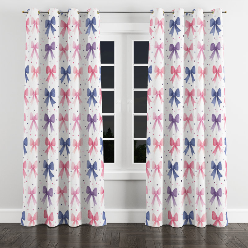 French Country Window curtains - Pink Teens Ribbon Dots Grommet Curtain - 1 Panel, Gold Grommets, 52" W x 63" L