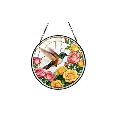 Hummingbirds And Rose Stained Glass Style Suncatcher Round Window Hanging Ornament With Chain