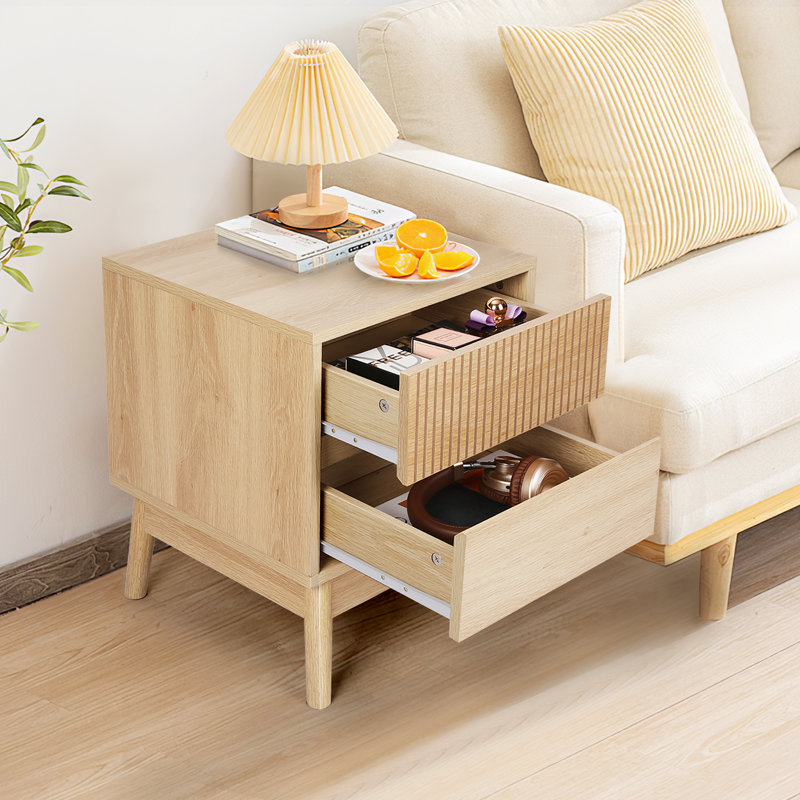 Grooved Wooden Nightstands With 2 Drawers , Individual