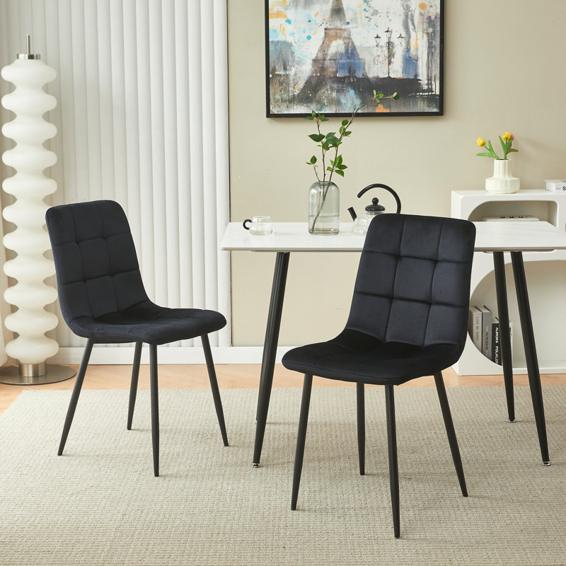 Velvet Upholstered Dining Chairs with Tapered Metal Legs, Black