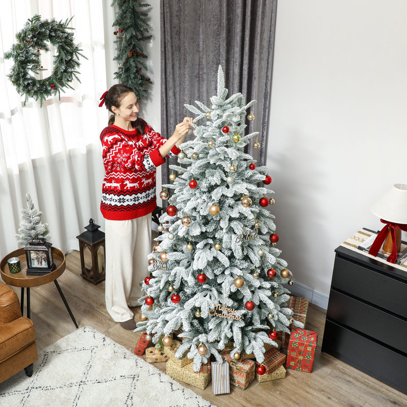 6ft Flocked Artificial Christmas Tree, Hinged Xmas Tree with 1182 Branches for Home Office Decor