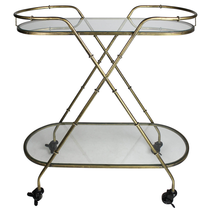 Oval Brass and Glass Bar Cart with Locking Wheels