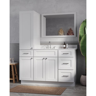 Disar 54' Single Bathroom Vanity With Left Linen Tall Cabinet Dovetail Solid Wood Drawer Carrara Quartz Top