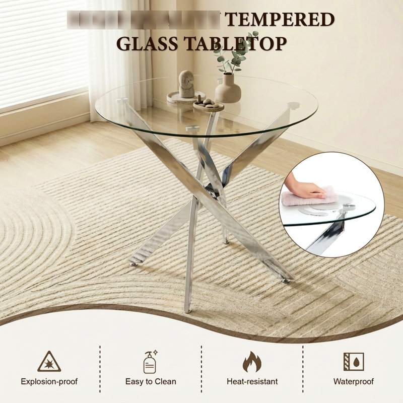 Table de salle à manger ronde en verre de 35,5 po avec pieds argentés, conception moderne pour la maison, verre trempé de 8 mm, réduction des risques de collision, table d'assemblage simple, surface lisse et bord poli, idéal pour une famille