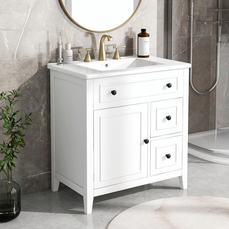 Meuble-lavabo simple avec plateau Thedis 30, Blanc, Noir