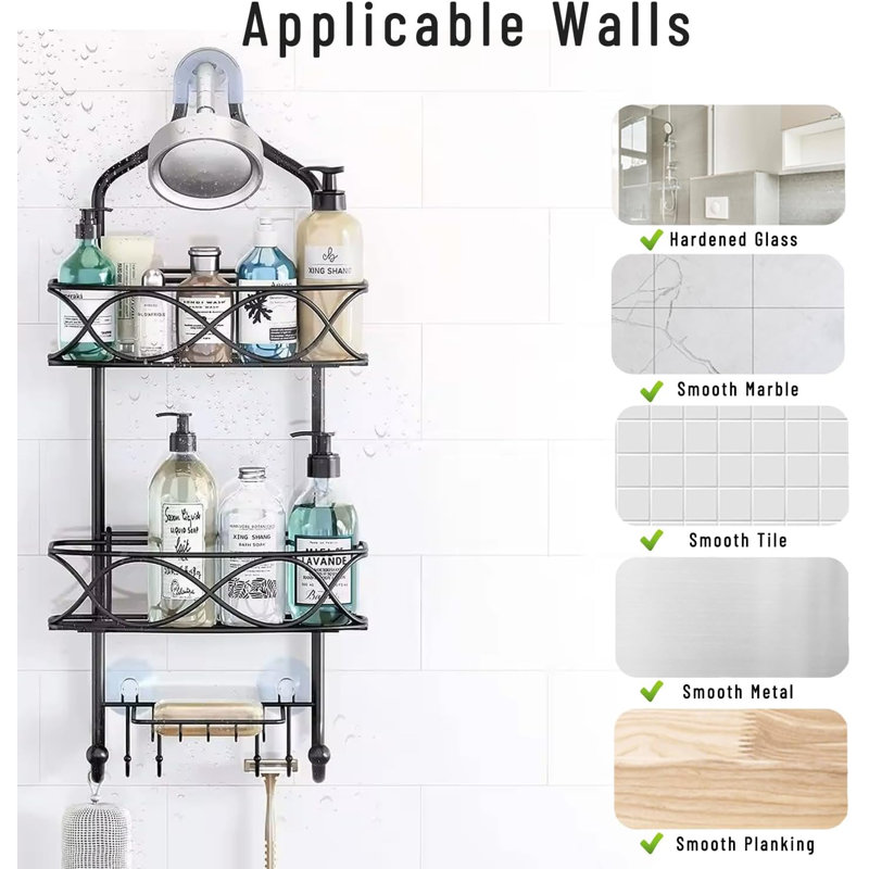 No Drilling Rustproof Shower Shelf Rack Over Shower Head With Shampoo Soap Holders