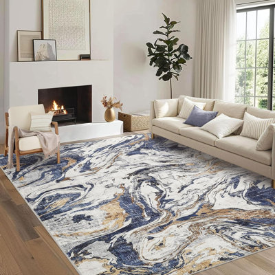 2x6 Machine Washable Runner Rug – Non-Slip Low Pile Foldable Soft Modern Abstract Carpet for Entryway Bathroom Laundry Room Blue.