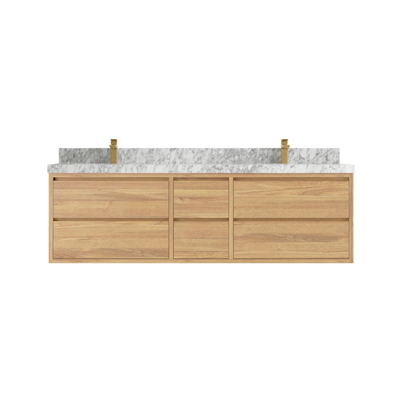 Meuble-lavabo double flottant en teck Madison, Marbre de Carrare