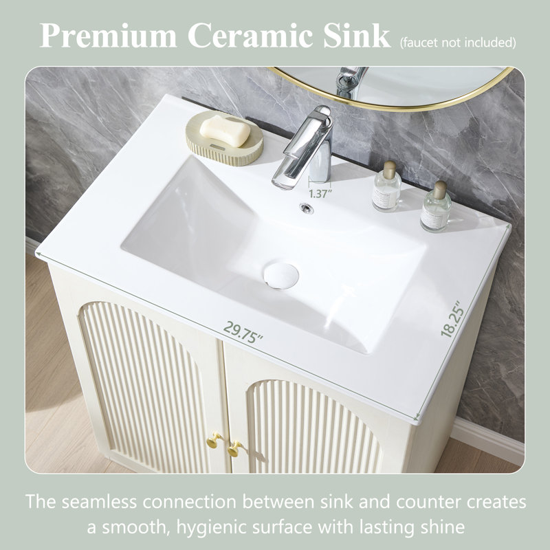 Ahart 30" Arched Bathroom Vanity with Sink & Ceramic Top, Modern Fluted Bathroom Vanity Cabinet with Adjustable Storage Shelf, Freestanding Single Bathroom Vanity