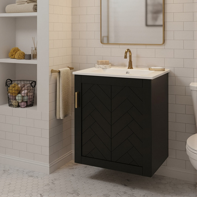 Meuble-lavabo simple mural moderne de 20 po avec lavabo en céramique et meuble flottant avec tablettes latérales, Noir