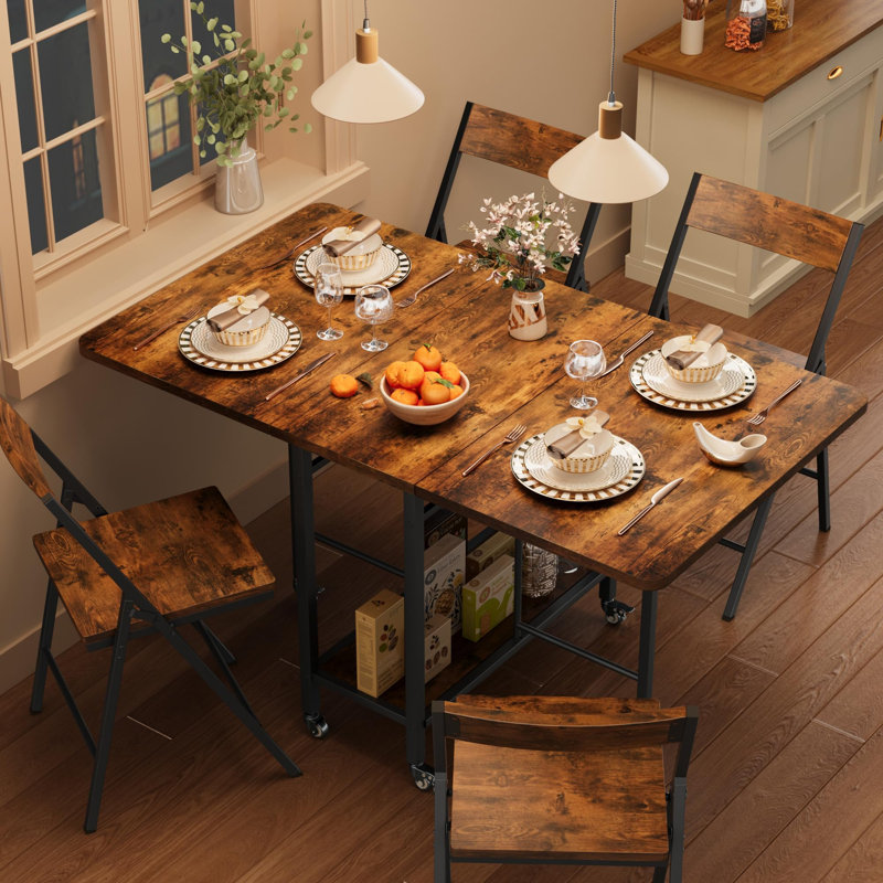 Ensemble de table de salle à manger pour 4 personnes, table de salle à manger pliante avec 4 chaises pliantes, table à abattants et chaises avec roulettes pivotantes, cachette, pour petit espace, cuisine, salle à manger, brun rustique