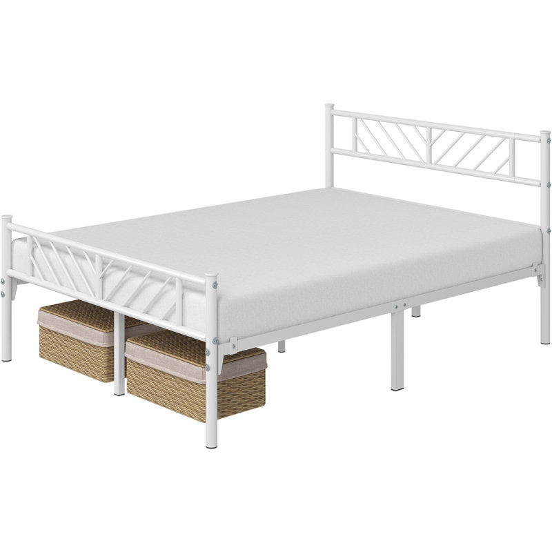 Minimalist Metal Slatted Bed Platform with Arrow Design Headboard, White, Kingsize (5')