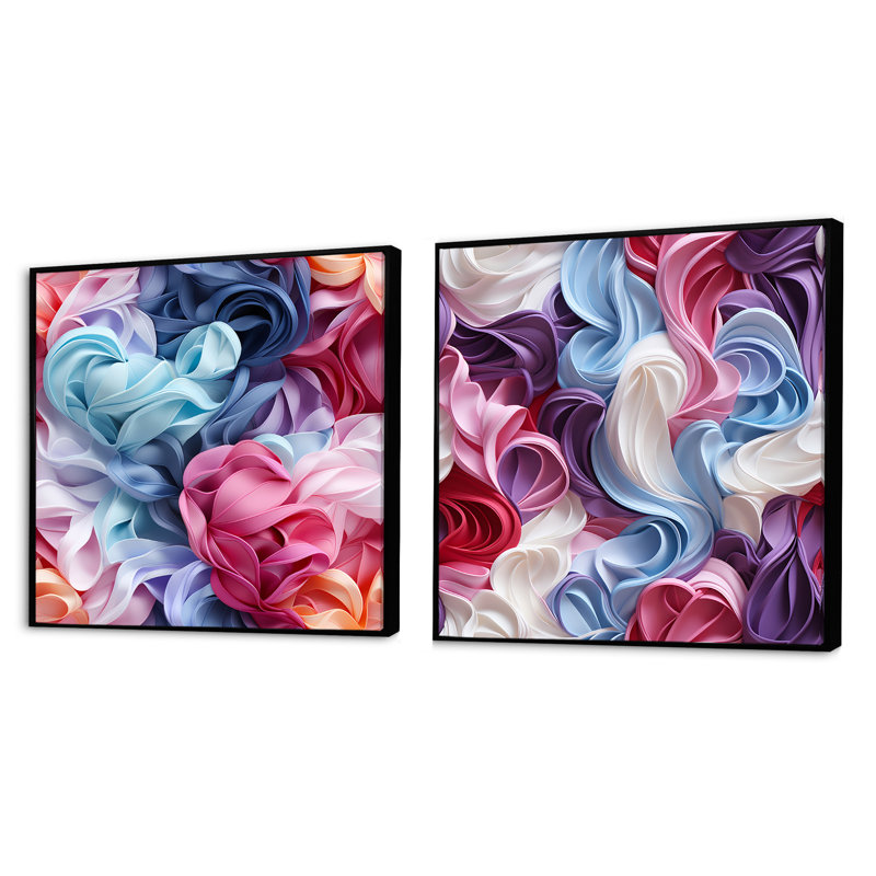 Rose et bleu - Love Whispers of Romance - ensemble de 2 collages carrés abstraits, Cadre flottant noir, H 16 po x l 33 po