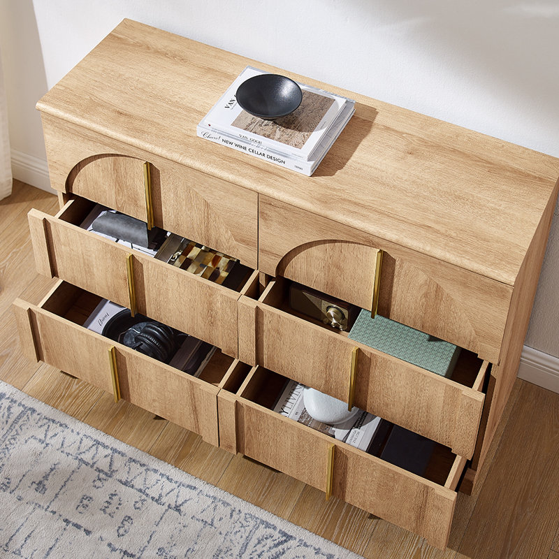 Commode 6 tiroirs Modern, large commode en bois de style arqué, brun clair, Tanné