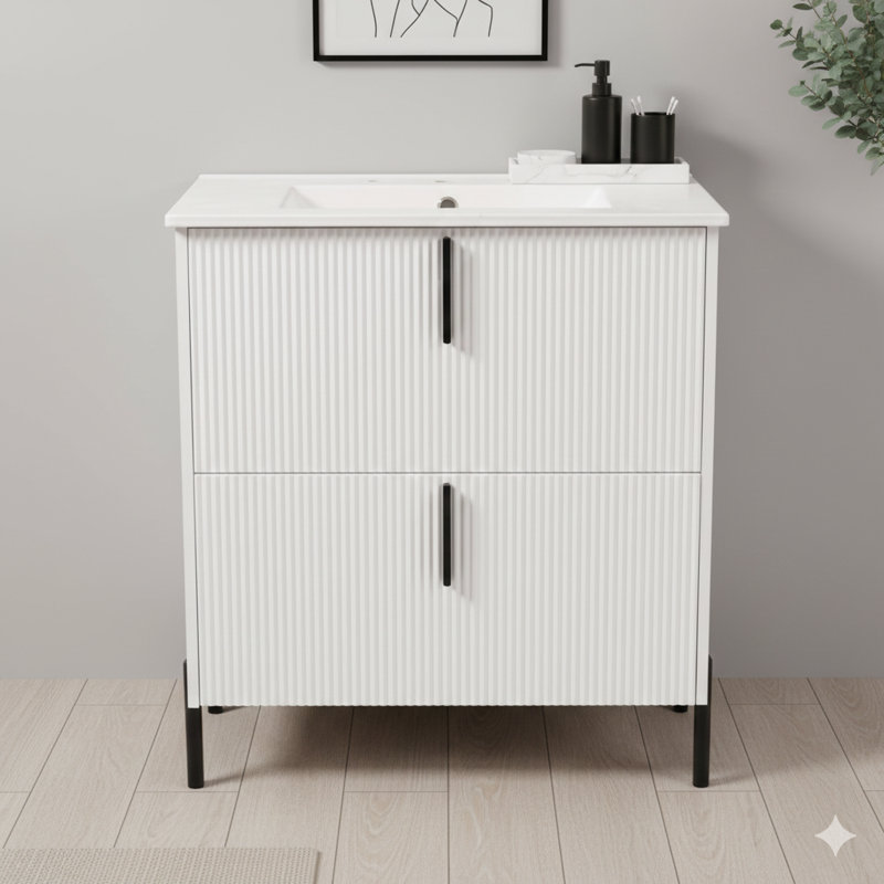 Meuble-lavabo de 30 pouces avec lavabo en céramique et tiroirs à extension complète, glissières de tiroir à fermeture en douceur, détails cannelés, finition blanche