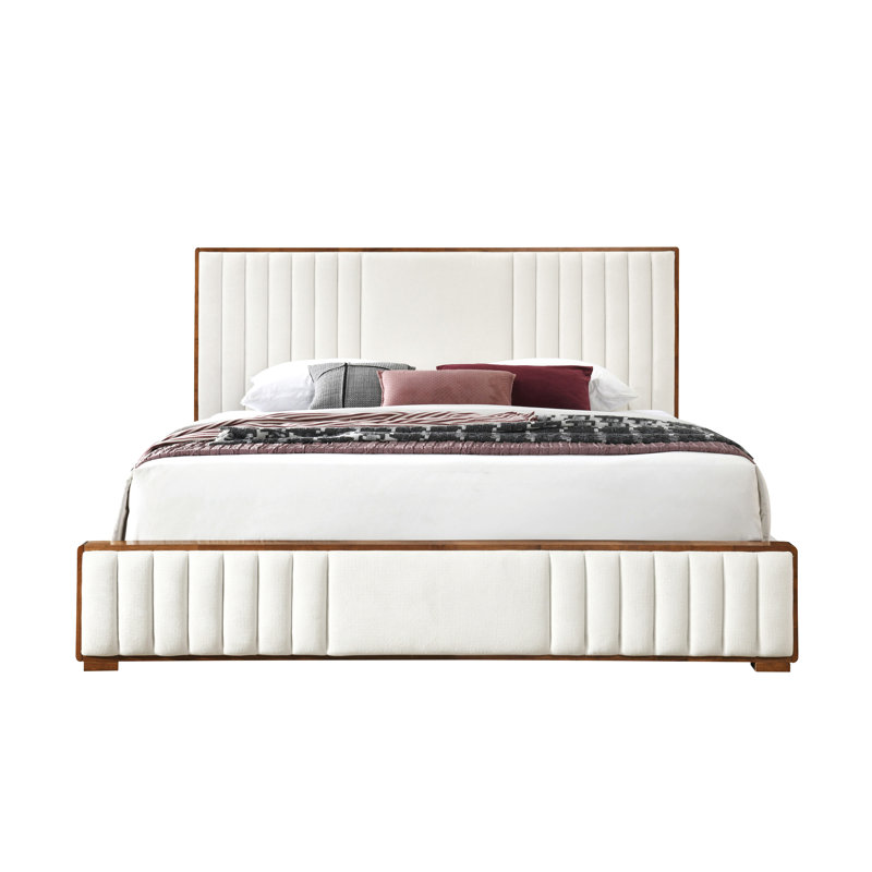 Lit EK en chenille et noyer, Beige/Walnut